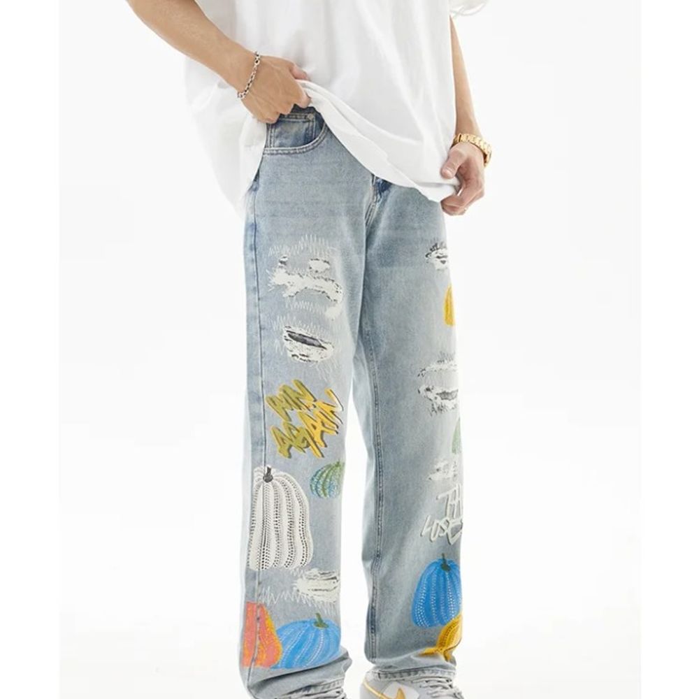 Men's Printed Wide-Leg Jeans Casual Retro High-End Style