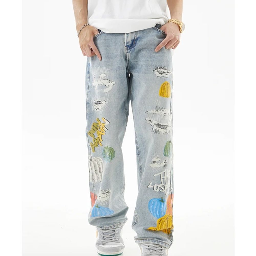 Men's Printed Wide-Leg Jeans Casual Retro High-End Style