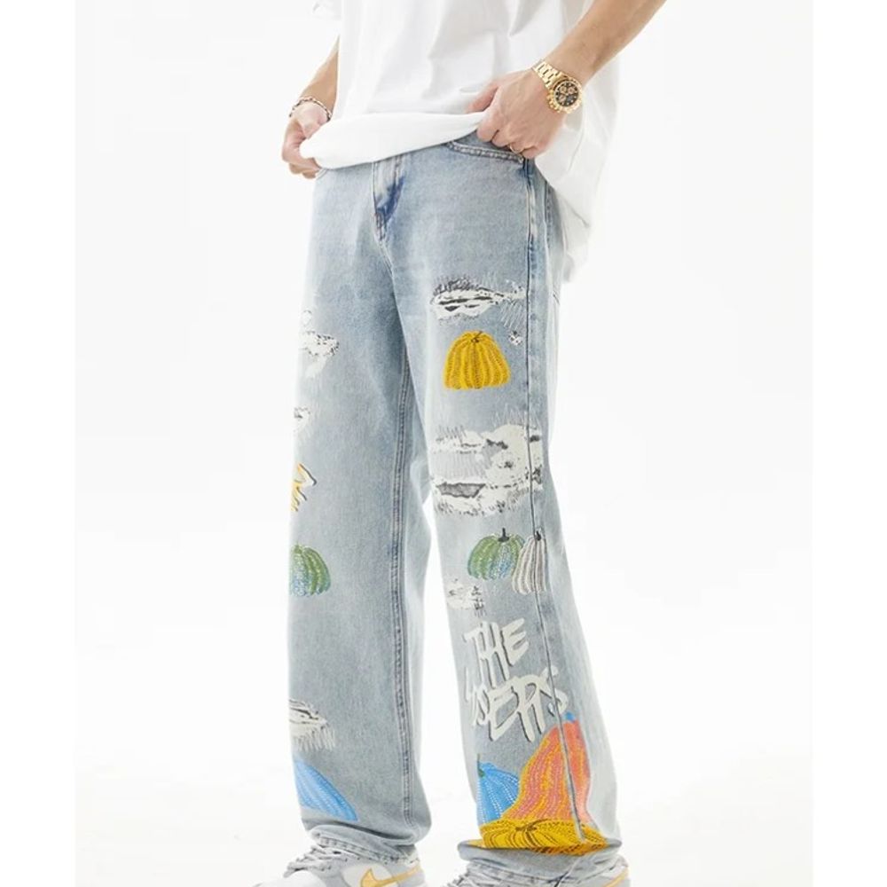 Men's Printed Wide-Leg Jeans Casual Retro High-End Style