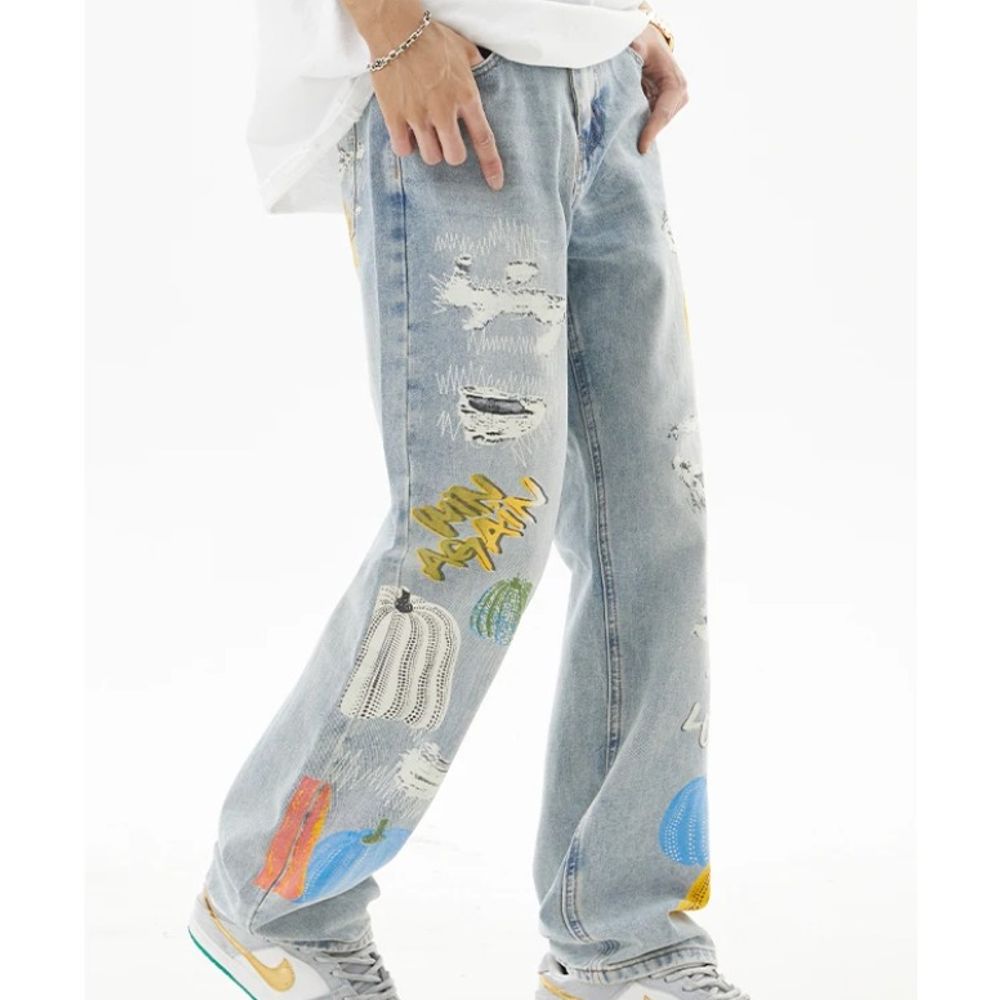 Men's Printed Wide-Leg Jeans Casual Retro High-End Style