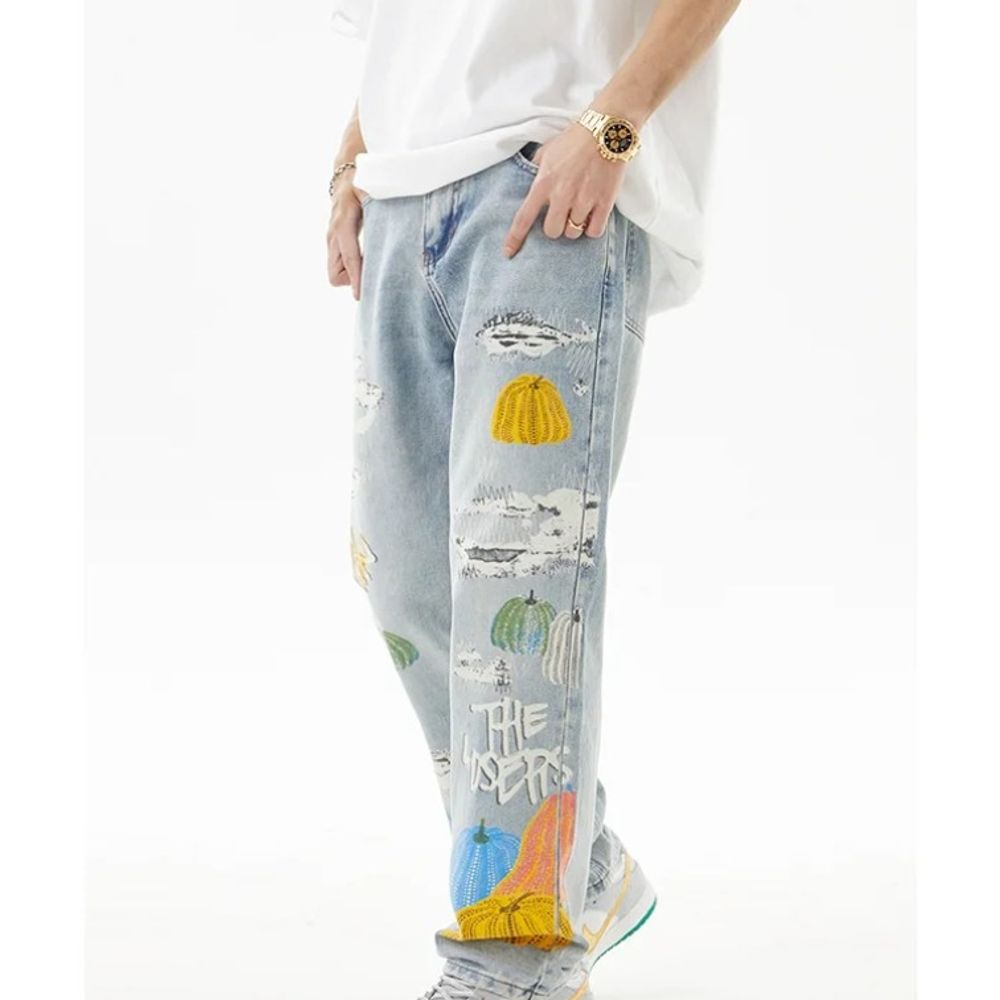 Men's Printed Wide-Leg Jeans Casual Retro High-End Style