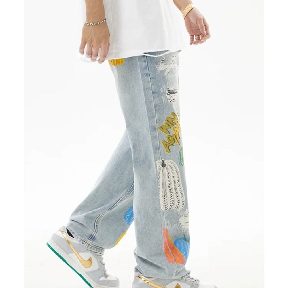 Men's Printed Wide-Leg Jeans Casual Retro High-End Style