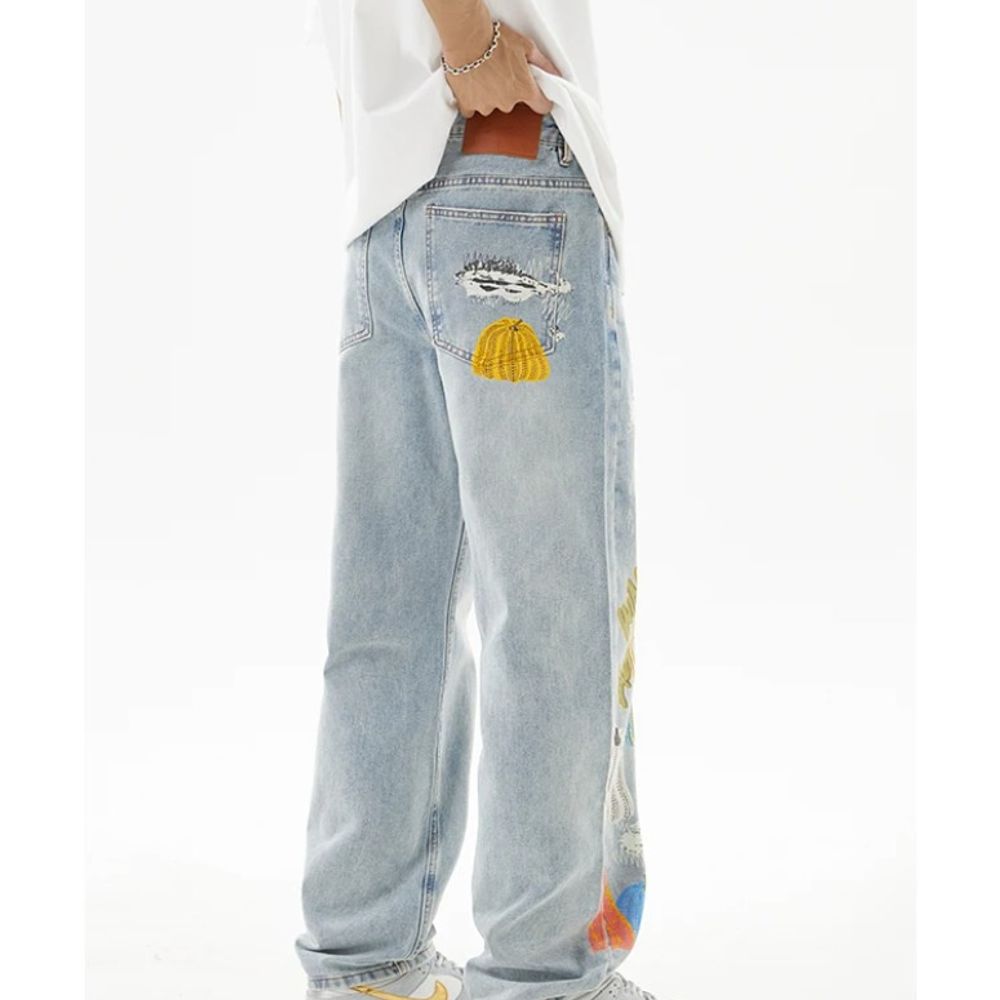 Men's Printed Wide-Leg Jeans Casual Retro High-End Style