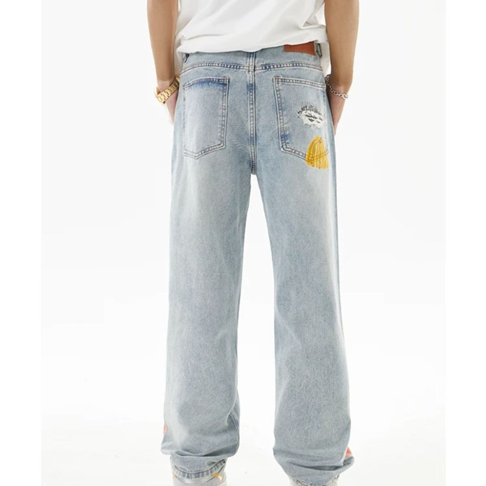 Men's Printed Wide-Leg Jeans Casual Retro High-End Style