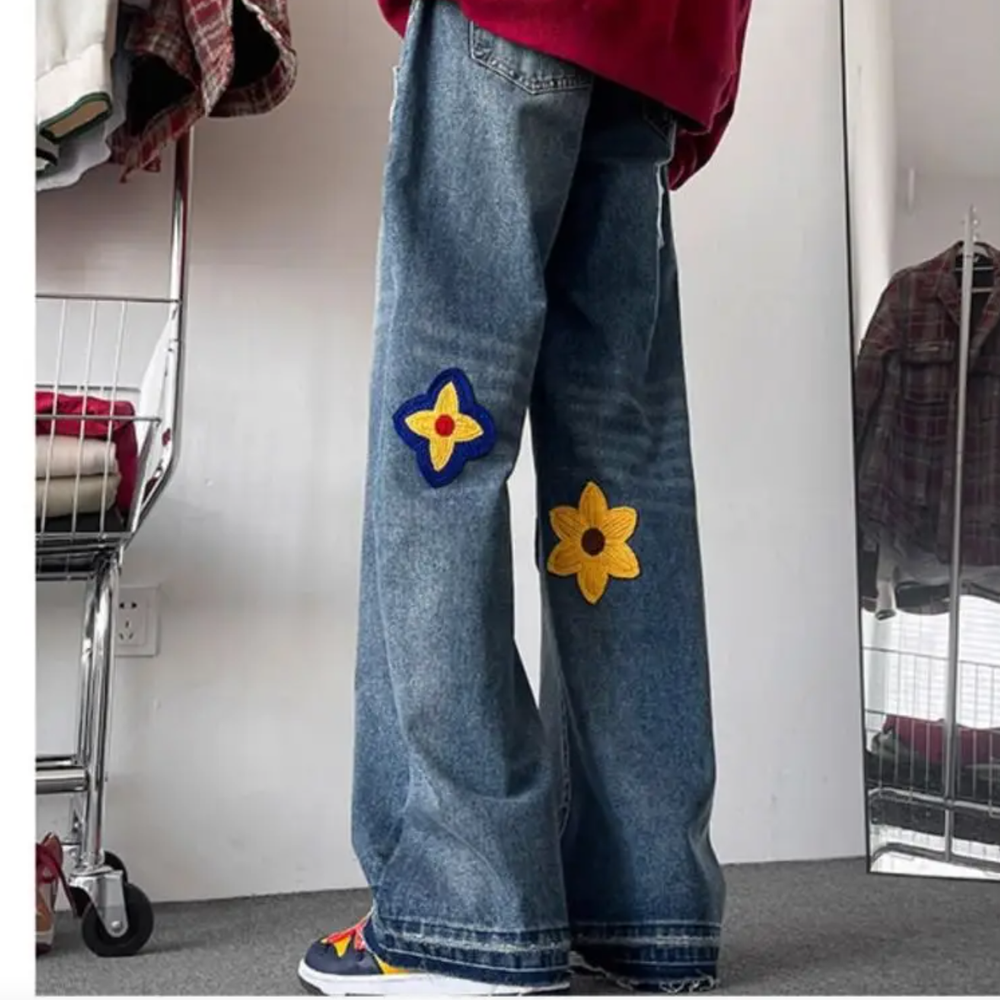 Retro Flower Embroidery Men's High Street Loose Wide Leg Jeans 