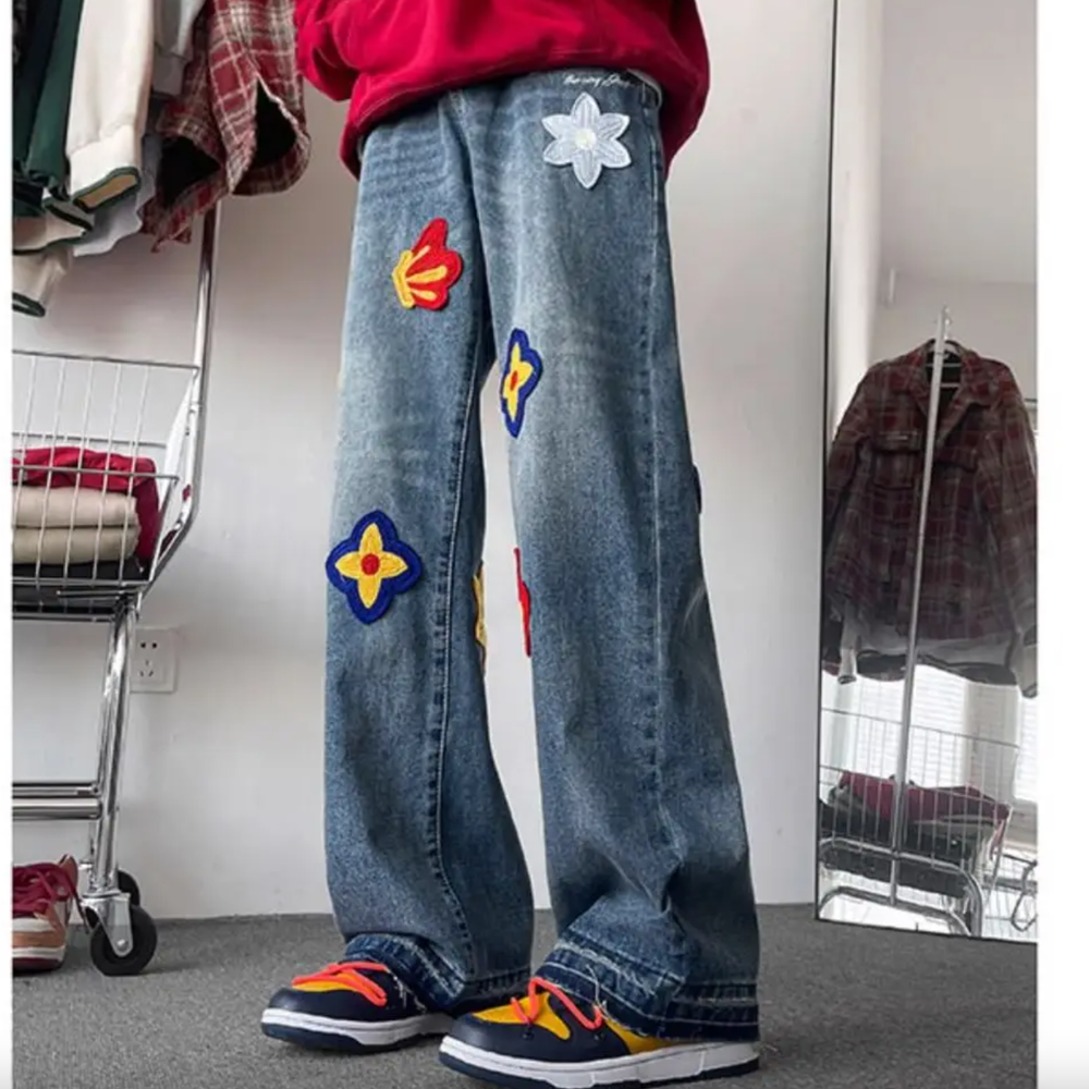 Retro Flower Embroidery Men's High Street Loose Wide Leg Jeans 