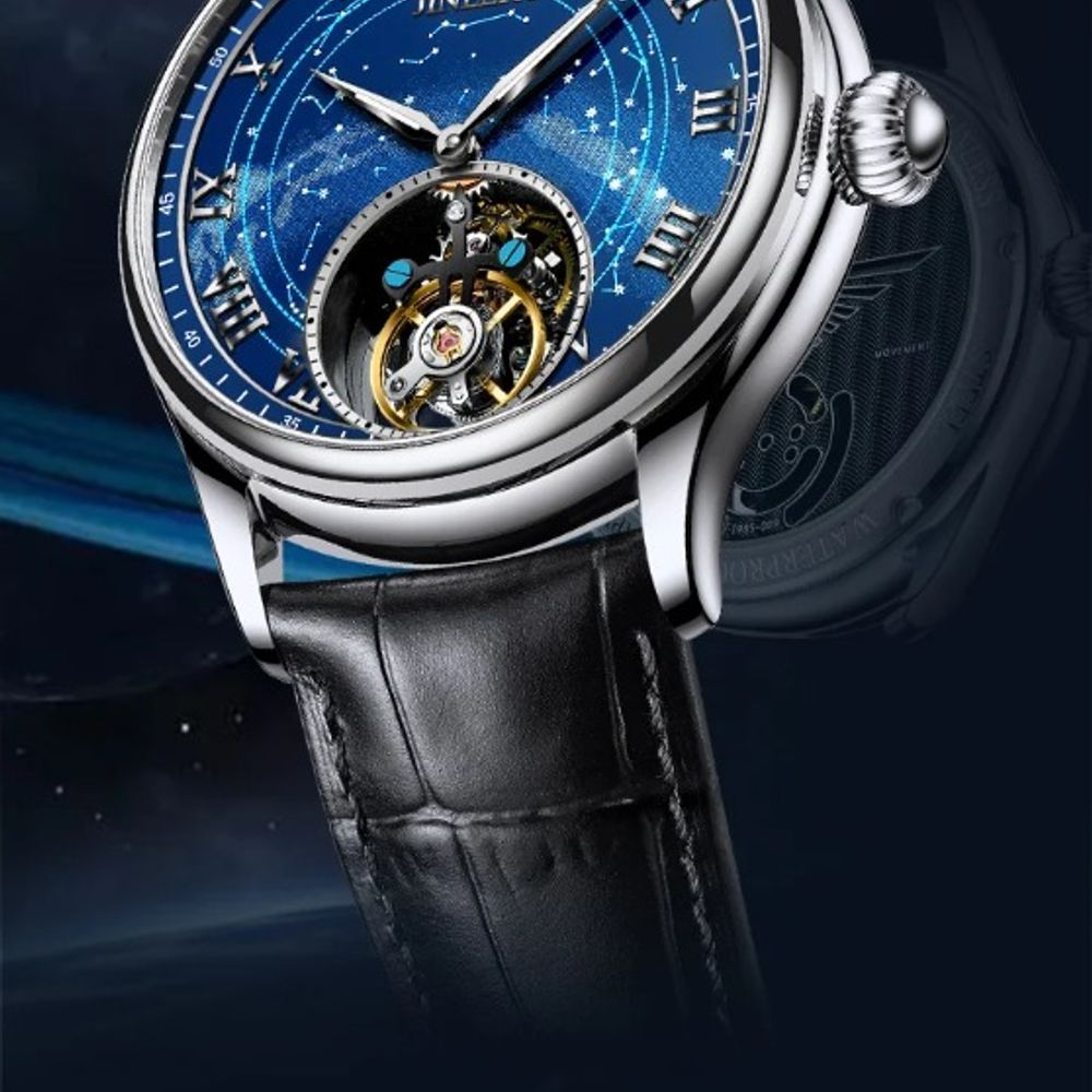 Super Jinlery True Flying Tourbillon Watch: Milky Way Star Sapphire Dial, Luxury Leather Male Mechanical Wrist Watch