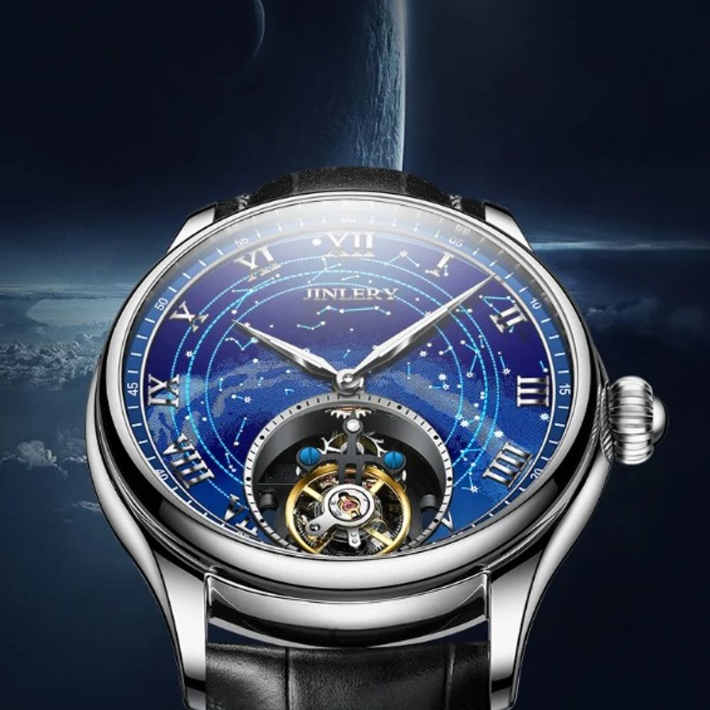 Super Jinlery True Flying Tourbillon Watch: Milky Way Star Sapphire Dial, Luxury Leather Male Mechanical Wrist Watch