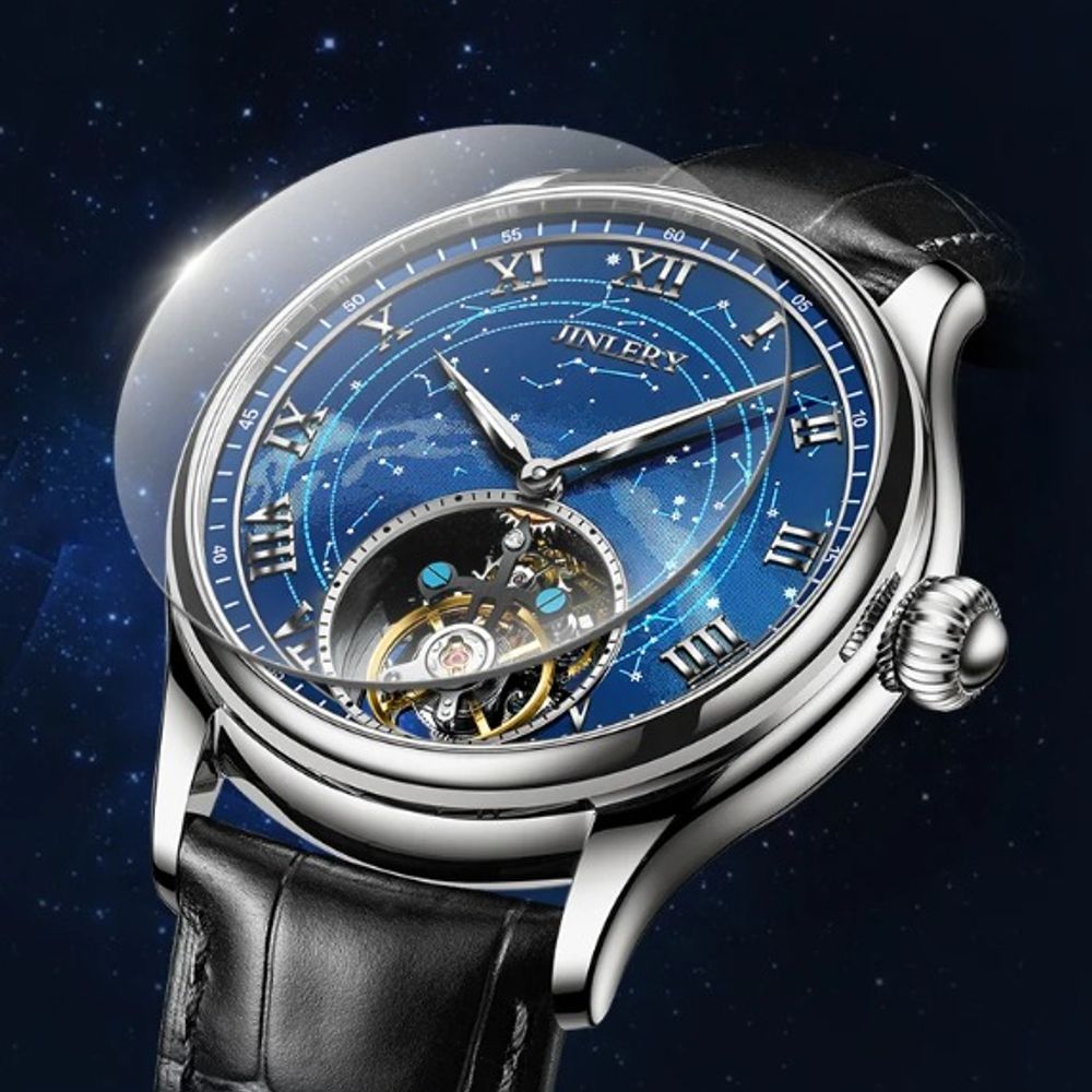 Super Jinlery True Flying Tourbillon Watch: Milky Way Star Sapphire Dial, Luxury Leather Male Mechanical Wrist Watch