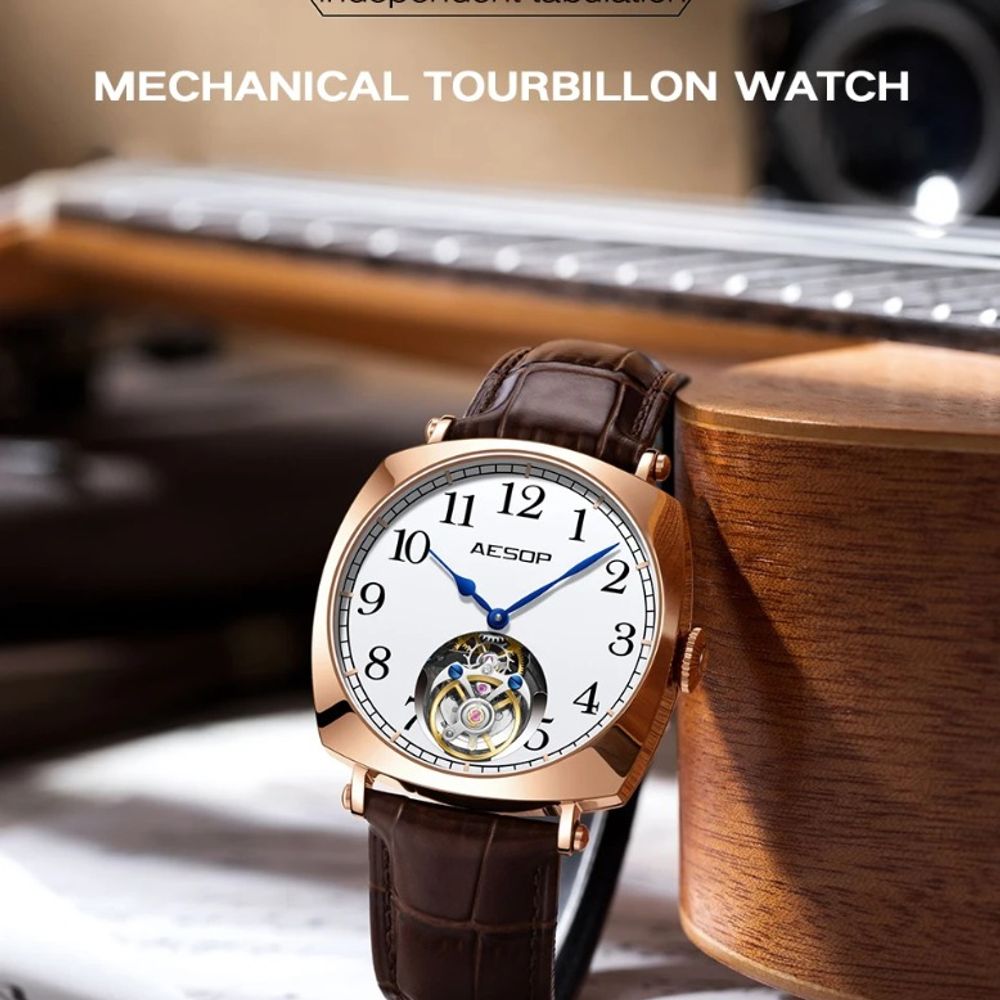 Aesop Dual-Sided Hollow Tourbillon Watch for Men: Mechanical, Waterproof, Super Luminous, Sapphire, 21600Hz.