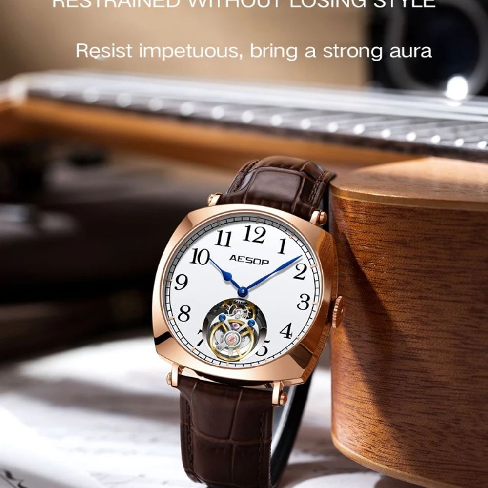 Aesop Dual-Sided Hollow Tourbillon Watch for Men: Mechanical, Waterproof, Super Luminous, Sapphire, 21600Hz.