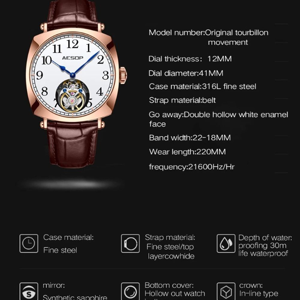 Aesop Dual-Sided Hollow Tourbillon Watch for Men: Mechanical, Waterproof, Super Luminous, Sapphire, 21600Hz.