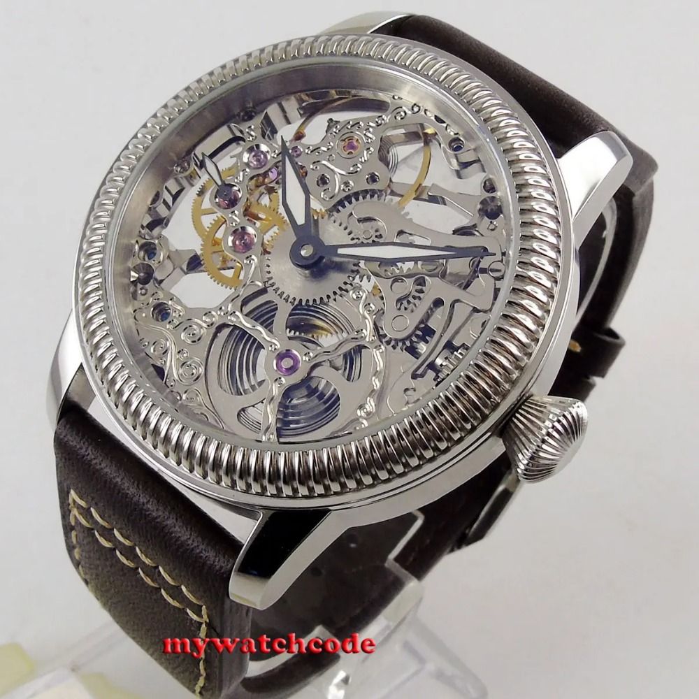 PARNIS 44mm Skeleton Dial Mechanical Hand Winding Men's Wristwatch