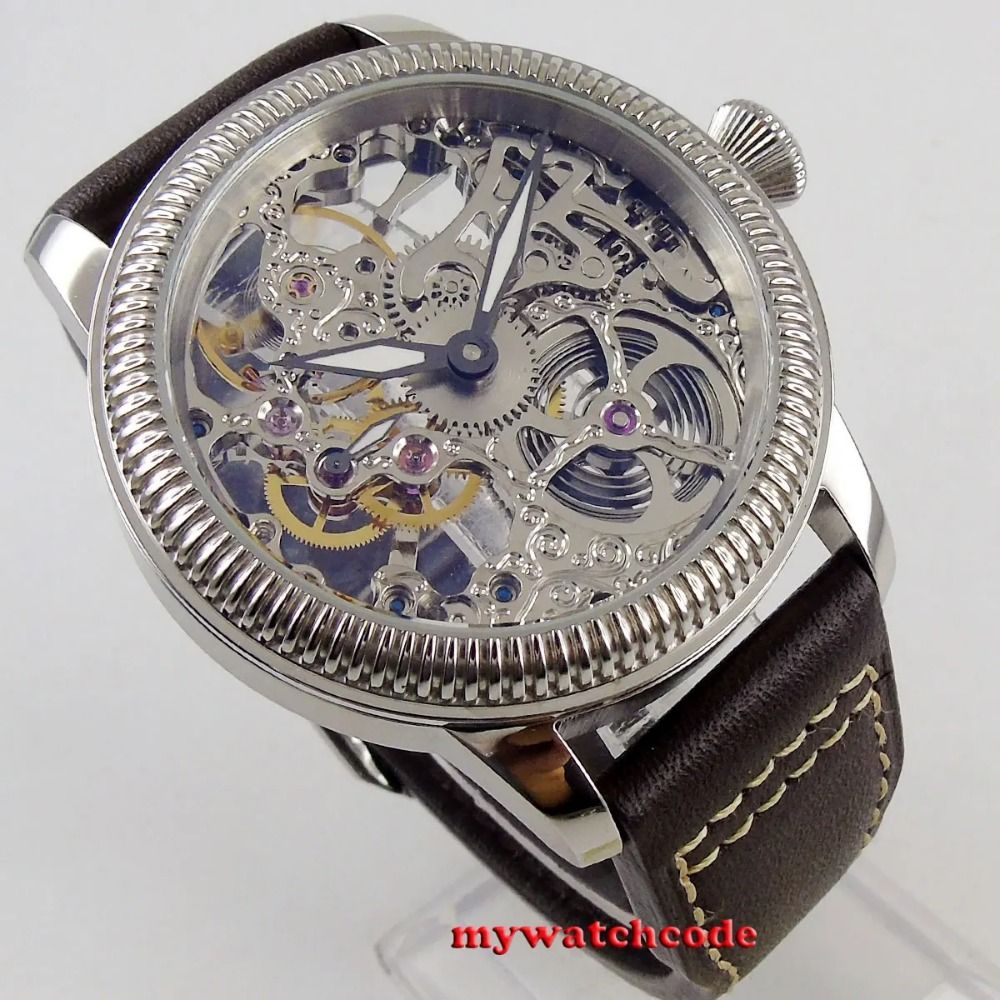 PARNIS 44mm Skeleton Dial Mechanical Hand Winding Men's Wristwatch