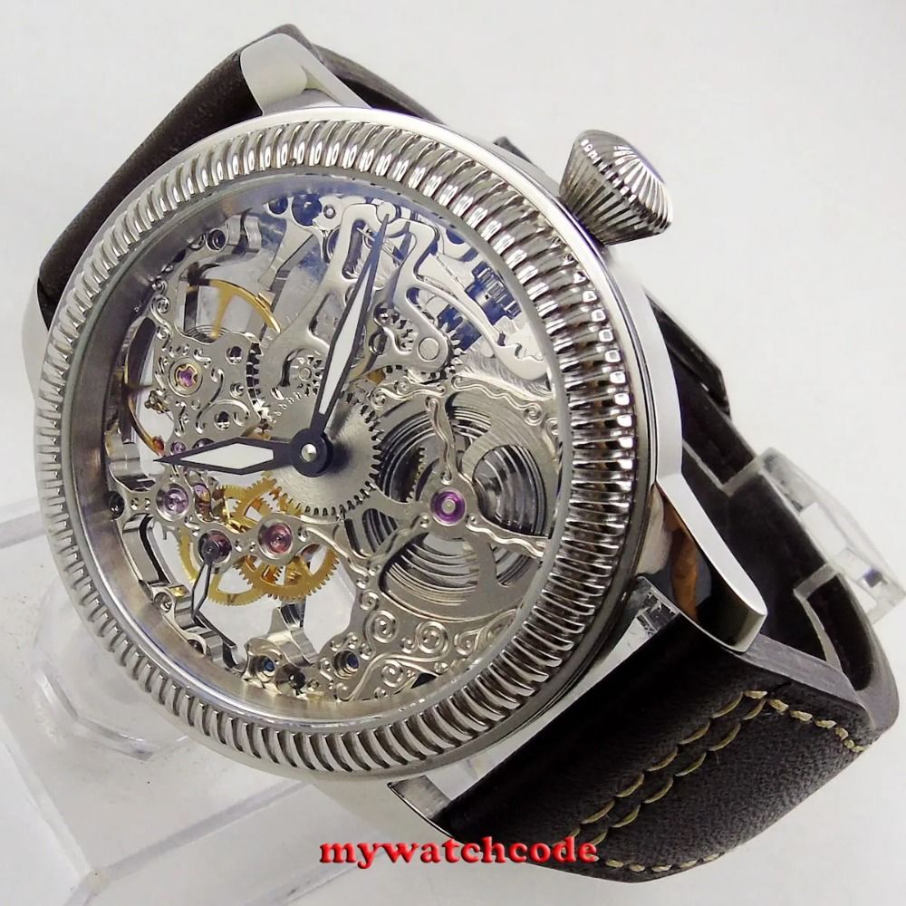 PARNIS 44mm Skeleton Dial Mechanical Hand Winding Men's Wristwatch