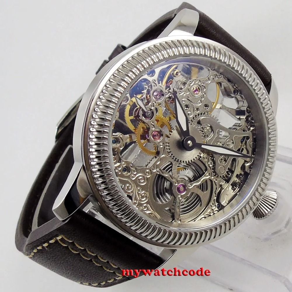 PARNIS 44mm Skeleton Dial Mechanical Hand Winding Men's Wristwatch