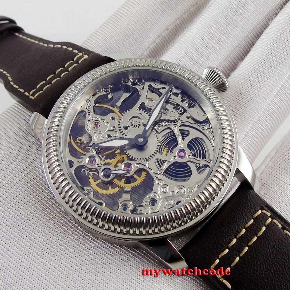 PARNIS 44mm Skeleton Dial Mechanical Hand Winding Men's Wristwatch