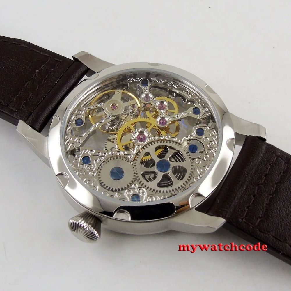 PARNIS 44mm Skeleton Dial Mechanical Hand Winding Men's Wristwatch