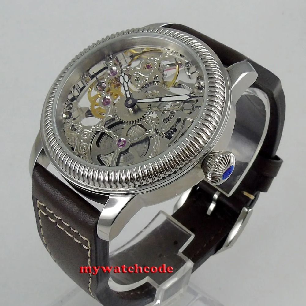 PARNIS 44mm Skeleton Dial Mechanical Hand Winding Men's Wristwatch