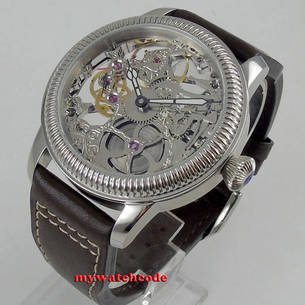 PARNIS 44mm Skeleton Dial Mechanical Hand Winding Men's Wristwatch