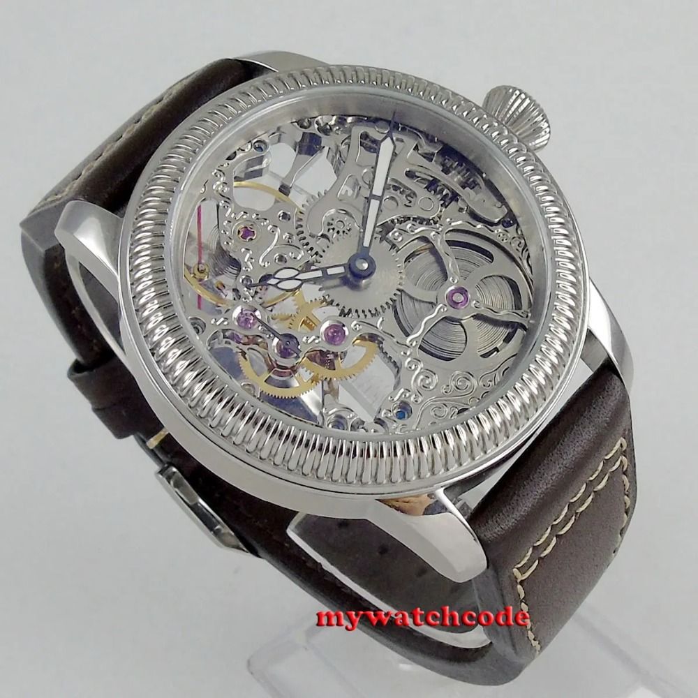 PARNIS 44mm Skeleton Dial Mechanical Hand Winding Men's Wristwatch