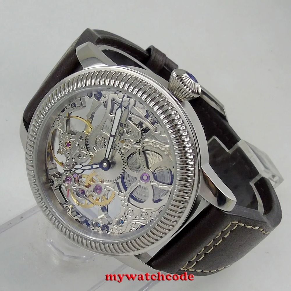 PARNIS 44mm Skeleton Dial Mechanical Hand Winding Men's Wristwatch