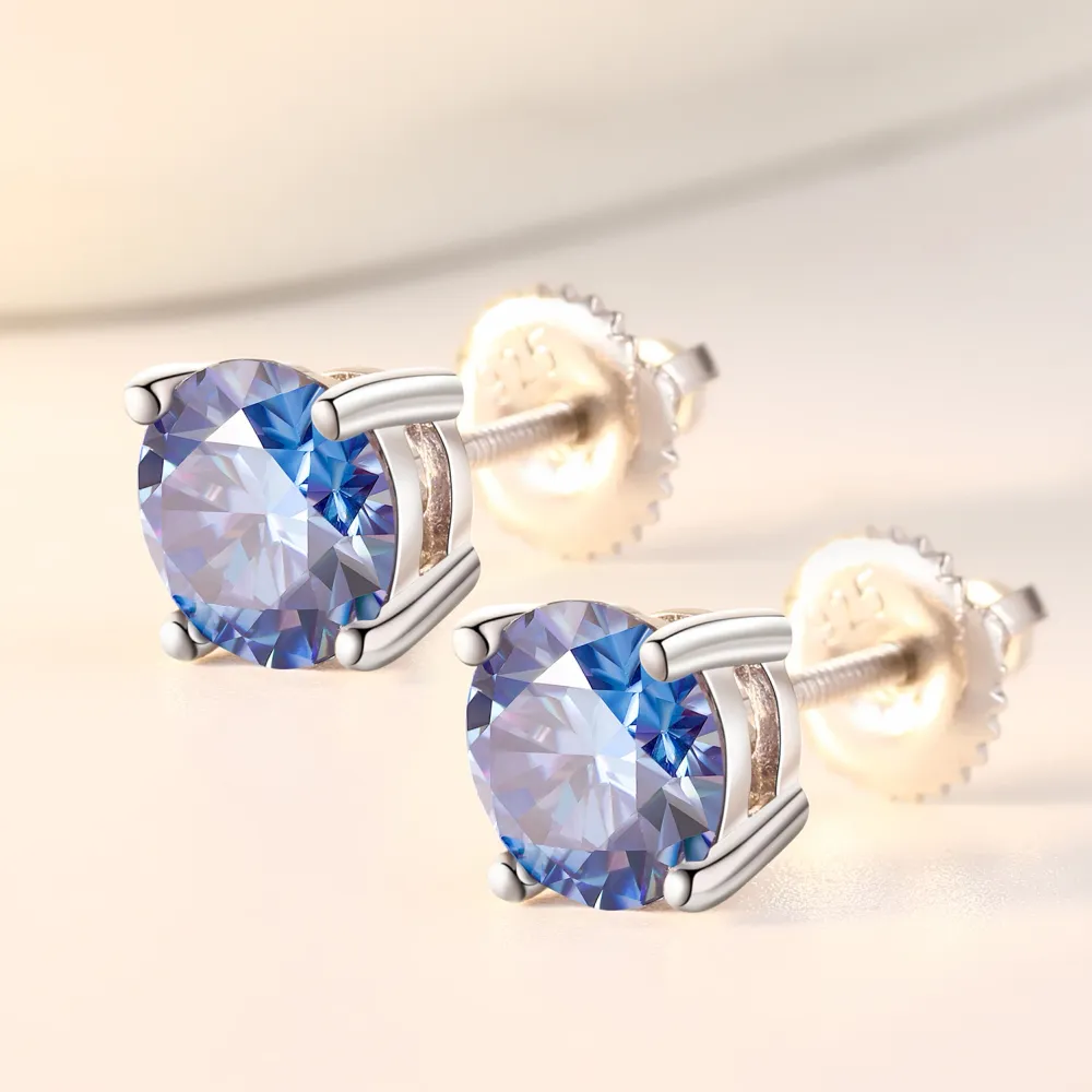 925 Silver Moissanite Stud Earrings for Unisex in 1 Carat Colorful