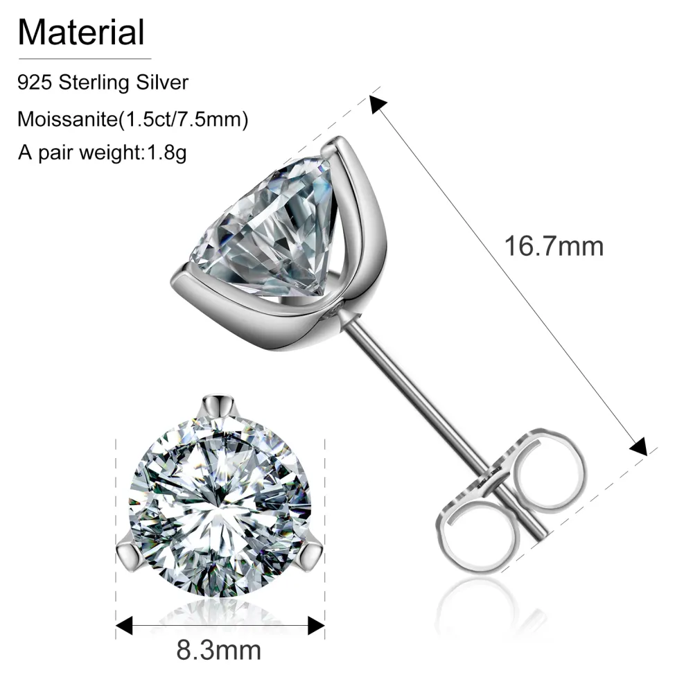 Real 1.5 Carat Moissanite 925 Silver Stud Earrings 