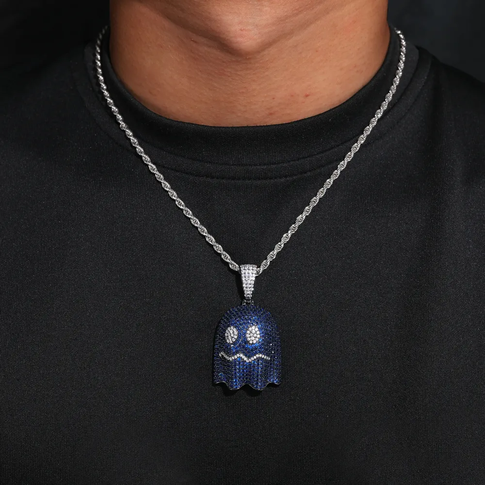 925 Sterling Silver Iced Out Blue Ghost Pendant