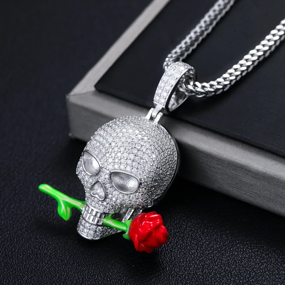 925 Sterling Silver Moissanite Skull Pendant with Rose in Mouth