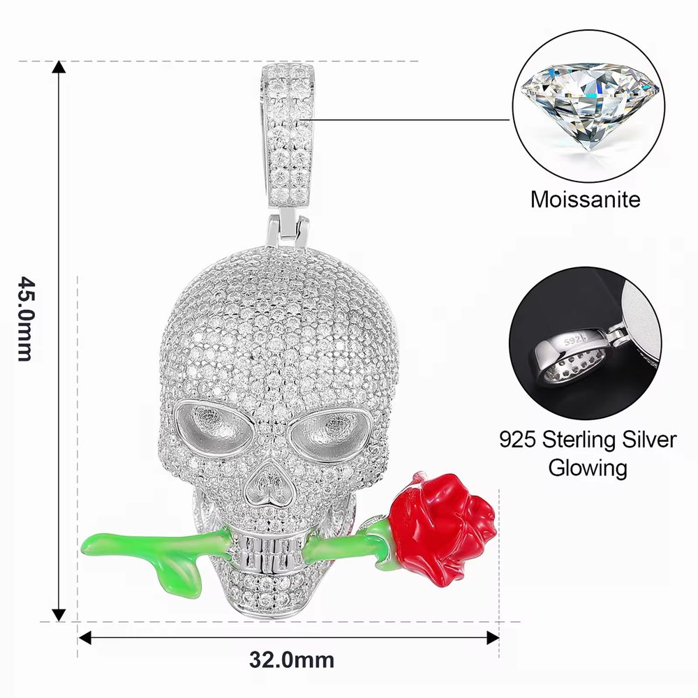 925 Sterling Silver Moissanite Skull Pendant with Rose in Mouth