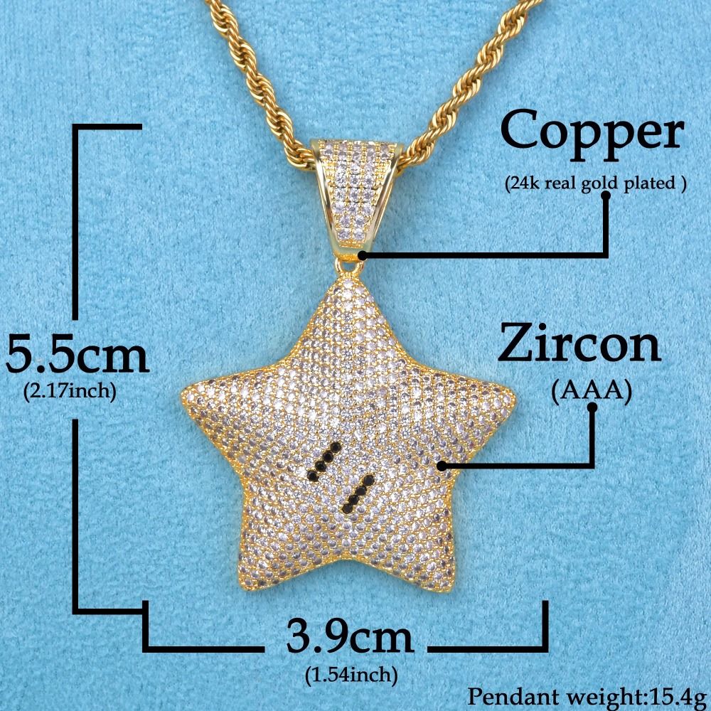 Gold Cubic Zircon Star Pendant Necklace Charms for Men's Hip Hop Cartoon Jewelry