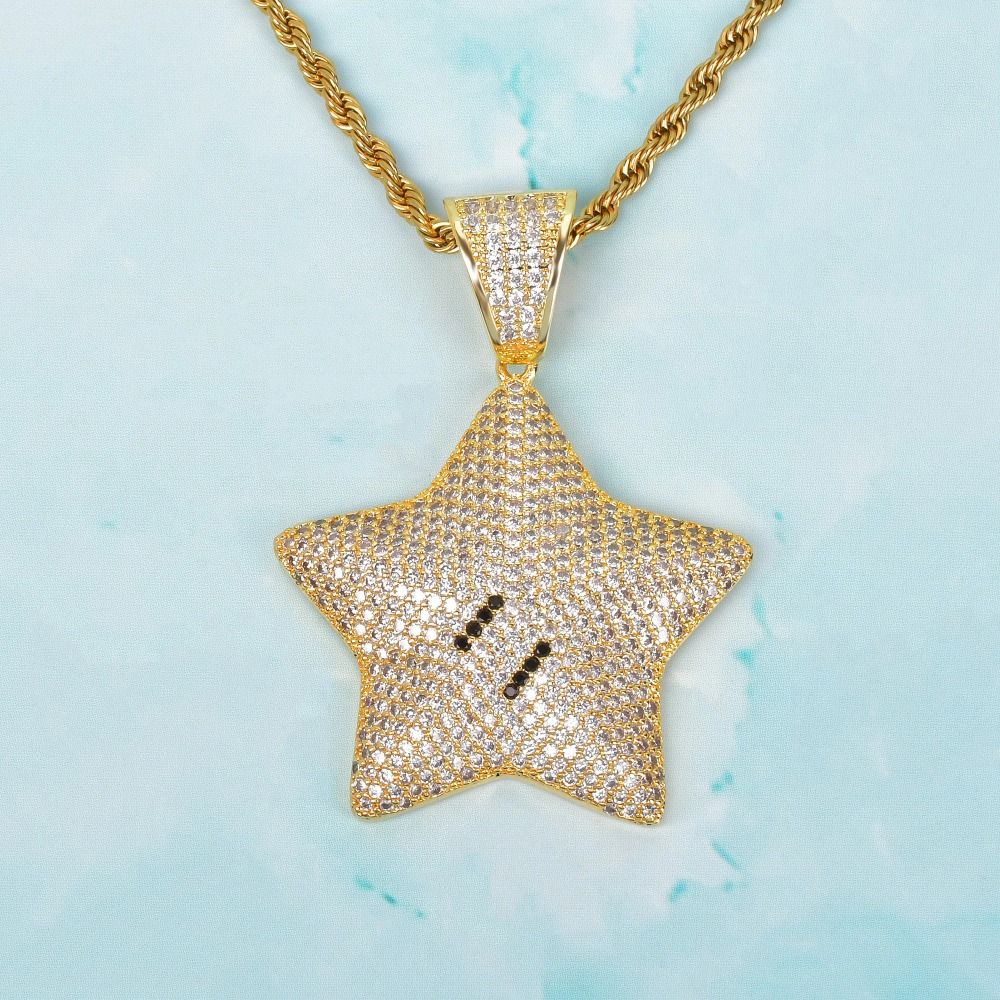 Gold Cubic Zircon Star Pendant Necklace Charms for Men's Hip Hop Cartoon Jewelry