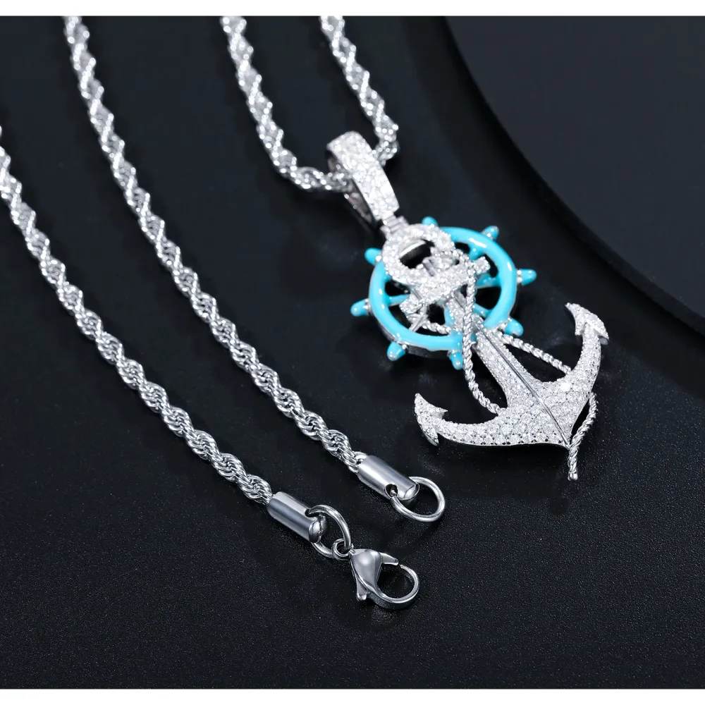 Iced Out Moissanite Anchor Pendant with Rope Chain