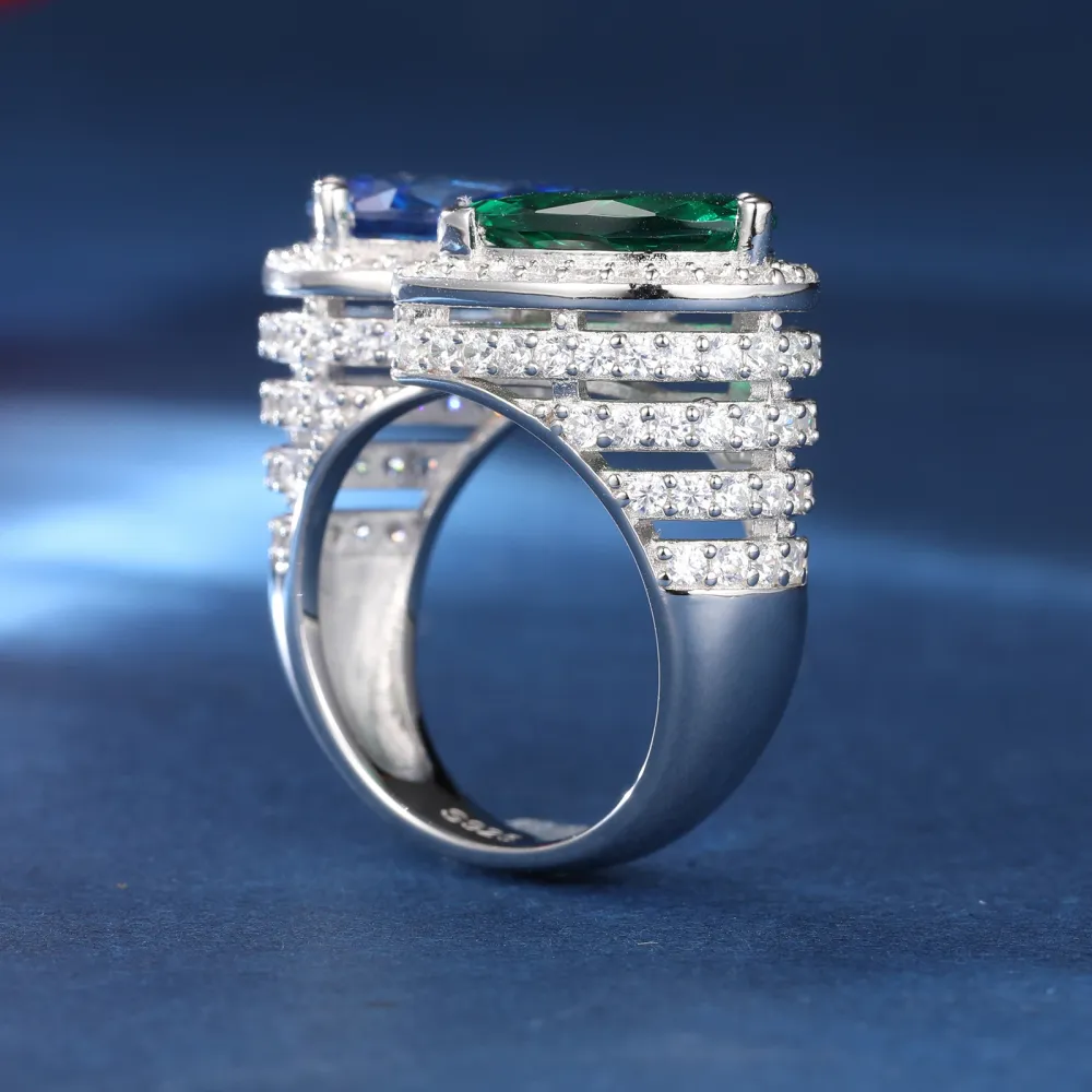 MOISSANITE 925 Sterling Silver Blue Green Ring