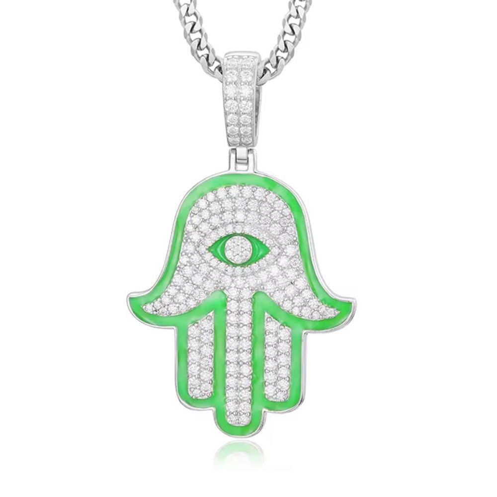 Iced Out 925 Sterling Silver Moissanite Hamsa Pendant with Rope Chain