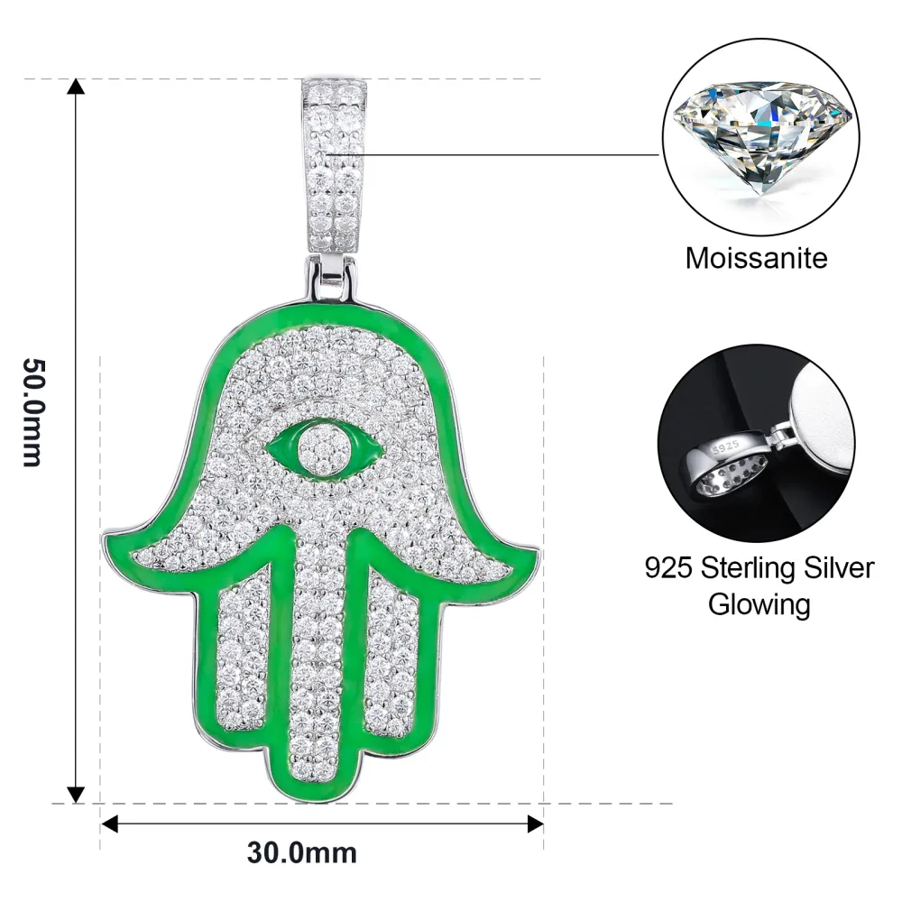 Iced Out 925 Sterling Silver Moissanite Hamsa Pendant with Rope Chain